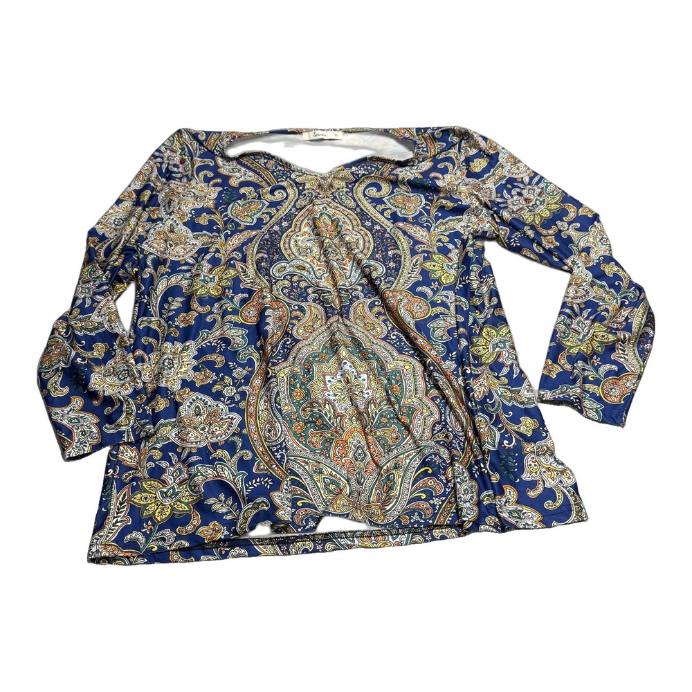 Sakurafina Womens Top 1XL Navy Paisley Cutout Back Blouse